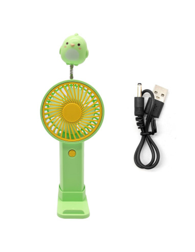 Tradineur - Mini ventilador recargable portátil de mano, muelle con animales, 1,5W, 1 velocidad, batería interna y cable USB, co