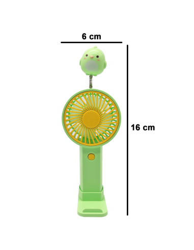 Tradineur - Mini ventilador recargable portátil de mano, muelle con animales, 1,5W, 1 velocidad, batería interna y cable USB, co