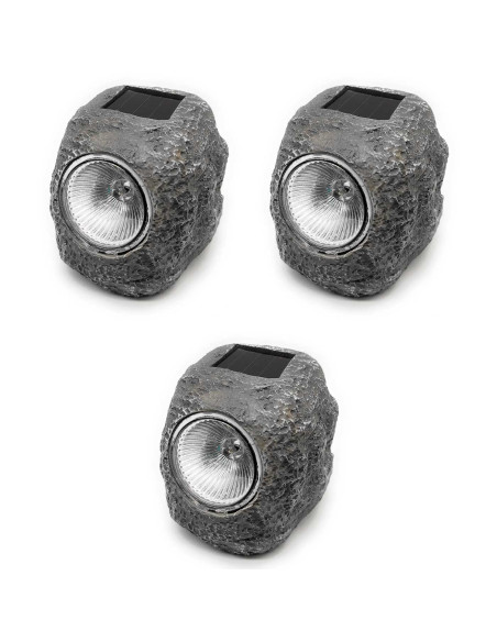 Tradineur - Pack de 3 lámparas solares con forma de piedra, foco, luz LED decorativa, impermeable, ecológica, jardín, patio, ext