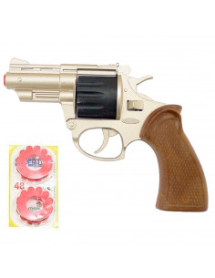 Tradineur - Revólver corto de juguete de policía con 48 fulminantes, 17 x 11,5 cm, pistola recargable con disparos sonoros, 4 di