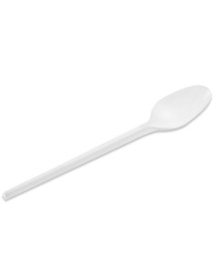 Tradineur - 5 paquetes de 20 cucharas blancas reutilizables, plástico, reciclables, extra resistentes, higiénicas, apilables, ap