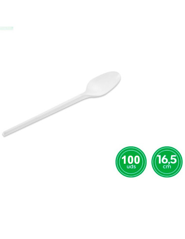 Tradineur - 5 paquetes de 20 cucharas blancas reutilizables, plástico, reciclables, extra resistentes, higiénicas, apilables, ap