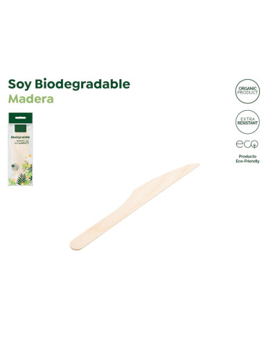 Tradineur - 16 paquetes de 12 cuchillos de madera biodegradables, reciclables, extra resistentes, producto orgánico natural - 16