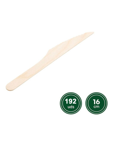 Tradineur - 16 paquetes de 12 cuchillos de madera biodegradables, reciclables, extra resistentes, producto orgánico natural - 16
