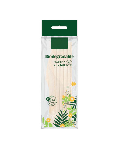 Tradineur - 16 paquetes de 12 cuchillos de madera biodegradables, reciclables, extra resistentes, producto orgánico natural - 16