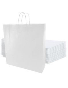 Tradineur - Pack de 50 bolsas de papel de celulosa, incluyen asas, biodegradables, regalos, tiendas, comercios (Blanco - XL - 46