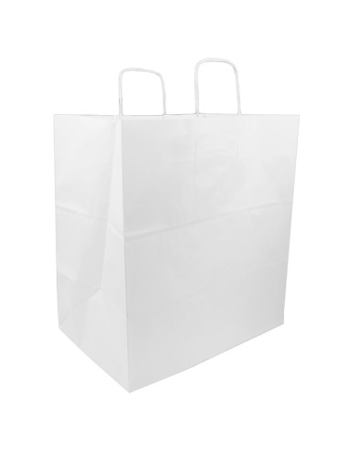 Tradineur - Pack de 50 bolsas de papel de celulosa, incluyen asas, biodegradables, regalos, tiendas, comercios (Blanco - XL - 46