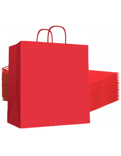 Tradineur - Pack de 50 bolsas de papel de celulosa, incluyen asas, biodegradables, regalos, tiendas, comercios (Rojo - XL - 46 x