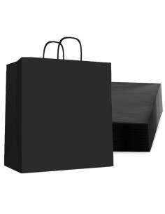Tradineur - Pack de 50 bolsas de papel de celulosa, incluyen asas, biodegradables, regalos, tiendas, comercios (Negro - XL - 46