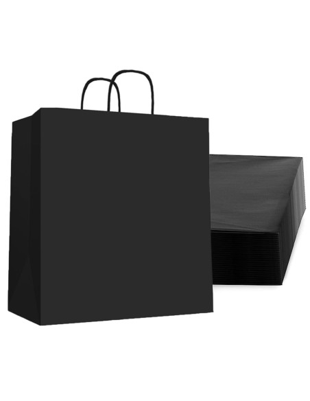 Tradineur - Pack de 50 bolsas de papel de celulosa, incluyen asas, biodegradables, regalos, tiendas, comercios (Negro - XL - 46