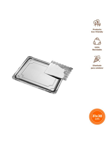 Tradineur - Pack de 6 bandejas rectangulares de cartón con blonda, fuente reciclable para pasteles con encaje de papel, decoraci
