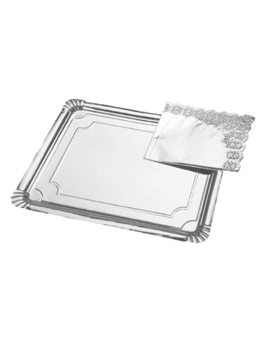 Tradineur - Pack de 6 bandejas rectangulares de cartón con blonda, fuente reciclable para pasteles con encaje de papel, decoraci