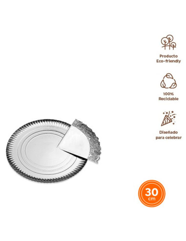 Tradineur - Pack de 6 bandejas redondas de cartón con blonda, fuente reciclable para pasteles con encaje de papel, decoración de