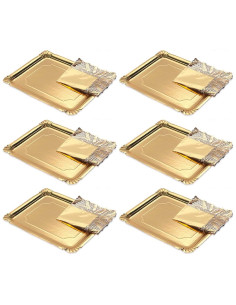Tradineur - Pack de 6 bandejas rectangulares de cartón con blonda, fuente reciclable para pasteles con encaje de papel, decoraci