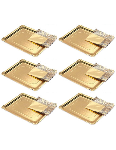 Tradineur - Pack de 6 bandejas rectangulares de cartón con blonda, fuente reciclable para pasteles con encaje de papel, decoraci