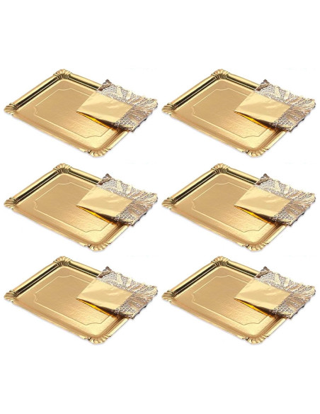 Tradineur - Pack de 6 bandejas rectangulares de cartón con blonda, fuente reciclable para pasteles con encaje de papel, decoraci