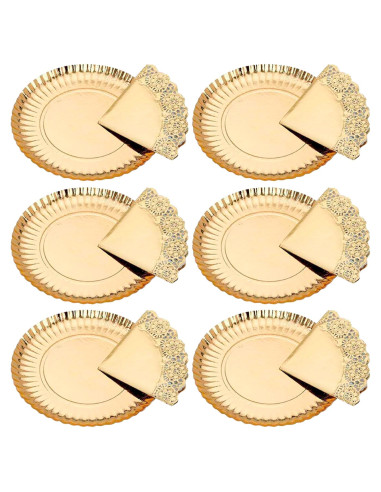 Tradineur - Pack de 6 bandejas redondas de cartón con blonda, fuente reciclable para pasteles con encaje de papel, decoración de