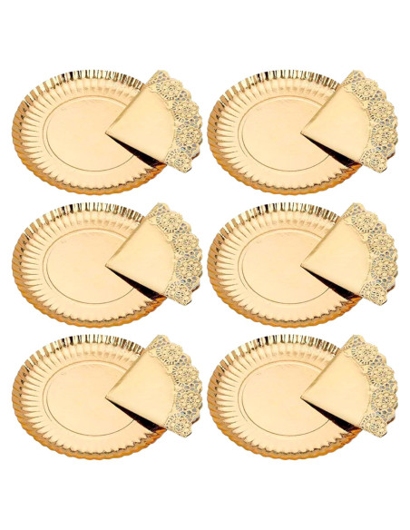 Tradineur - Pack de 6 bandejas redondas de cartón con blonda, fuente reciclable para pasteles con encaje de papel, decoración de