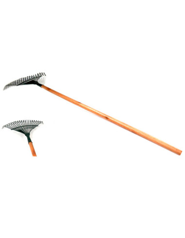 Tradineur - Rastrillo de jardín con mango de madera, cabeza metálica con 22 púas, dientes largos, escoba para barrer hojas, césp