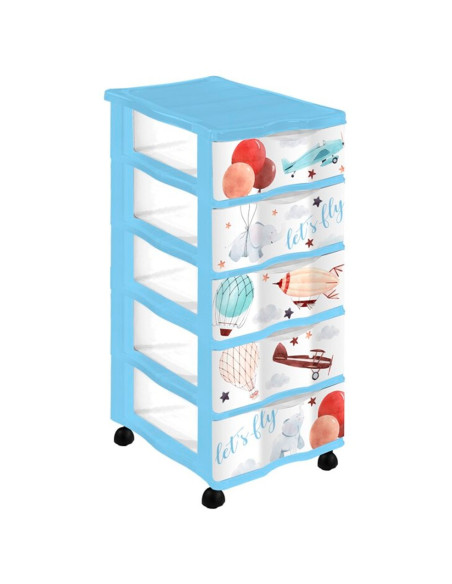 Tradineur - Cajonera de plástico con ruedas, modelo Let's Fly, 5 cajones transparentes, torre almacenaje, juguetes, dormitorio Tradineur - Cajonera de plástico con ruedas, modelo Let's Fly, 5 cajones transparentes, torre almacenaje, juguetes, dormitorio