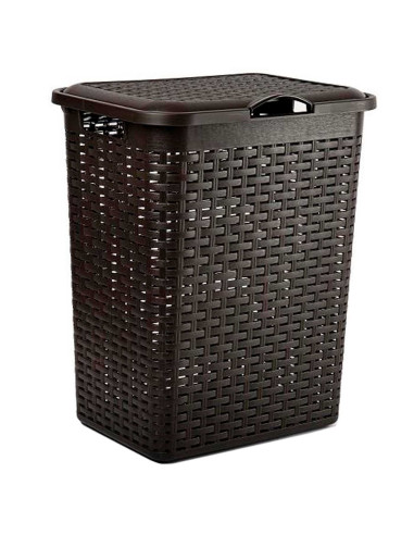 Tradineur - Cesto rattan para ropa sucia con tapa y asas, pongotodo de plástico, cubo para colada, imitación de mimbre, fabricad