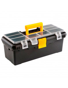 Tradineur - Caja de herramientas de plástico con asa y 8 compartimentos en la tapa, organizador, almacenamiento, fabricado en Es