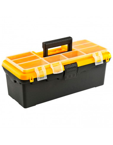 Tradineur - Caja de herramientas de plástico con asa y 8 compartimentos en la tapa, organizador, almacenamiento, fabricado en Es