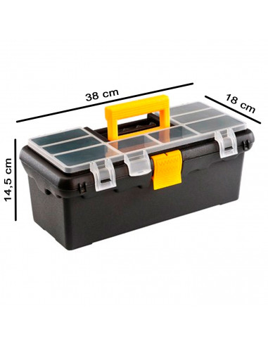 Tradineur - Caja de herramientas de plástico con asa y 8 compartimentos en la tapa, organizador, almacenamiento, fabricado en Es