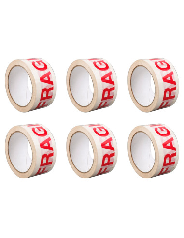 Tradineur - Pack de 6 rollos de cinta adhesiva para embalaje, Muy Frágil, precinto multiusos, embalar, sellar, empaquetar, cerra