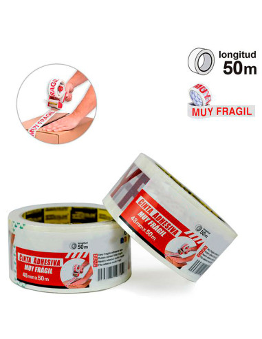 Tradineur - Pack de 6 rollos de cinta adhesiva para embalaje, Muy Frágil, precinto multiusos, embalar, sellar, empaquetar, cerra