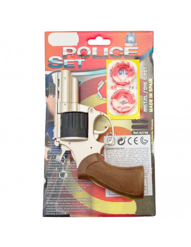 Tradineur - Revólver corto de juguete de policía con 48 fulminantes, 17 x 11,5 cm, pistola recargable con disparos sonoros, 4 di