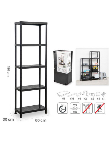 Tradineur - Estantería modular de plástico, 5 baldas, capacidad carga 125 kg, fácil montaje, almacenaje, garaje, trastero, fabri