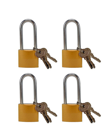 Tradineur - Pack de 4 candados de latón con llaves, arco alto de acero cromado, máxima seguridad, taquillas, gimnasio, maleta, a