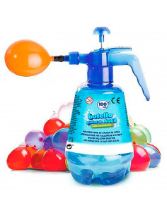 Tradineru - Botella de plástico para llenar globos de agua, incluye 100 globos, llenado súper rápido, inyector, hinchador, infla