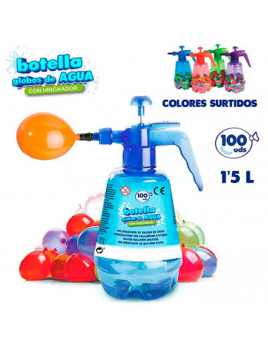 Tradineru - Botella de plástico para llenar globos de agua, incluye 100 globos, llenado súper rápido, inyector, hinchador, infla
