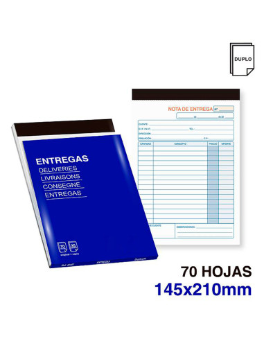 Tradineur - Pack de 6 talonarios de notas de entrega, 70 hojas, 35 juegos original + copia, autocopiativas, matriz de corte y ta