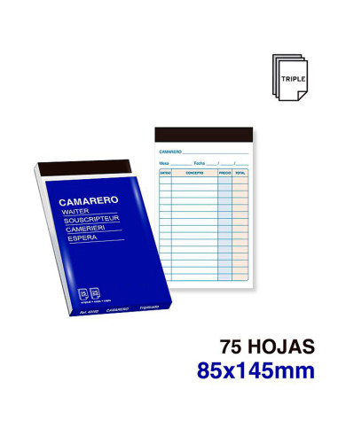 Tradineur - Pack de 6 blocs de camarero, 75 hojas, 25 juegos original + 2 copias, autocopiativas, matriz de corte y tapas de car