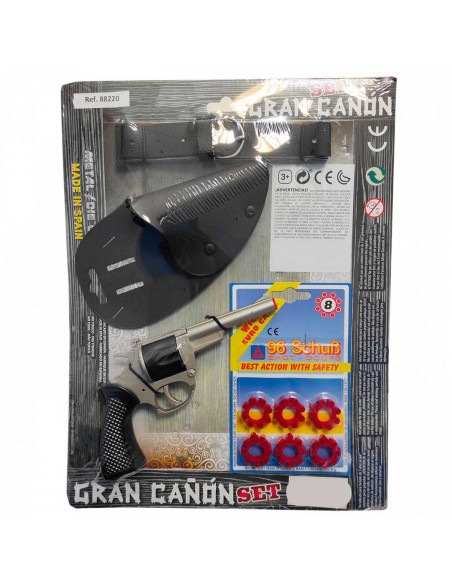 Tradineur - Set de pistola de juguete "Gran cañón" con 96 fulminantes, cartuchera y cinturón, revólver recargable con disparos s