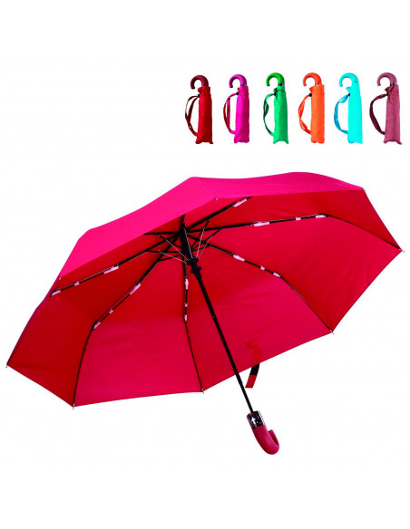 Tradineur - Paraguas plegable liso de mujer, poliéster, mango de goma, automático, antiviento, 8 varillas de fibra, ligero y res