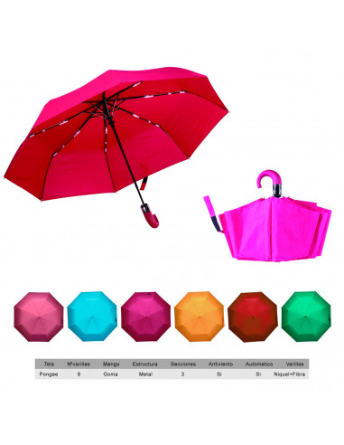 Tradineur - Paraguas plegable liso de mujer, poliéster, mango de goma, automático, antiviento, 8 varillas de fibra, ligero y res