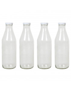 Tradineur - Pack de 4 botellas de cristal para leche, bote para bebidas con tapa de rosca, batidos, zumos, licuados de verduras,