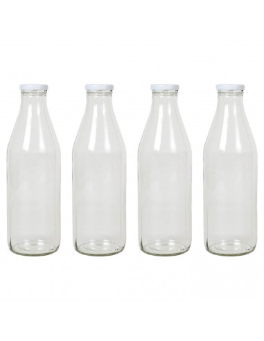 Tradineur - Pack de 4 botellas de cristal para leche, bote para bebidas con tapa de rosca, batidos, zumos, licuados de verduras,