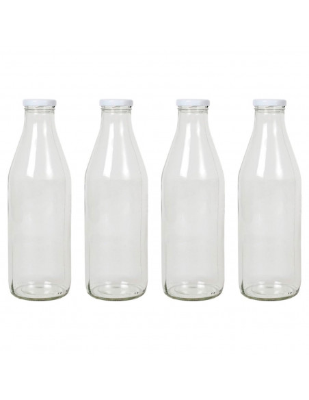 Tradineur - Pack de 4 botellas de cristal para leche, bote para bebidas con tapa de rosca, batidos, zumos, licuados de verduras,