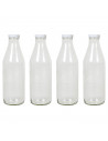 Tradineur - Pack de 4 botellas de cristal para leche, bote para bebidas con tapa de rosca, batidos, zumos, licuados de verduras,