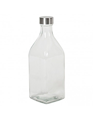 Tradineur - Botella de vidrio cuadrada con tapón de acero, cierre de rosca, agua, leche, batidos, zumos, licuados de verduras, s