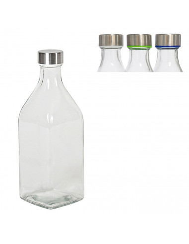 Tradineur - Botella de vidrio cuadrada con tapón de acero, cierre de rosca, agua, leche, batidos, zumos, licuados de verduras, s