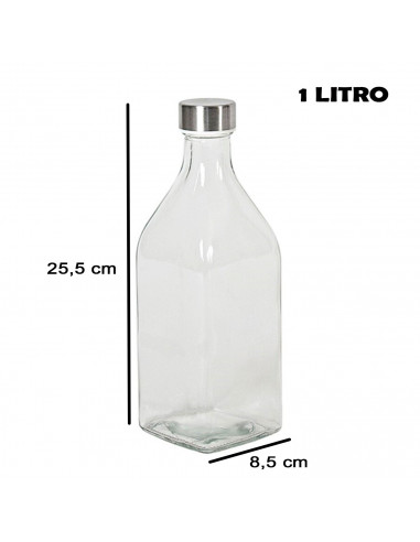 Tradineur - Botella de vidrio cuadrada con tapón de acero, cierre de rosca, agua, leche, batidos, zumos, licuados de verduras, s