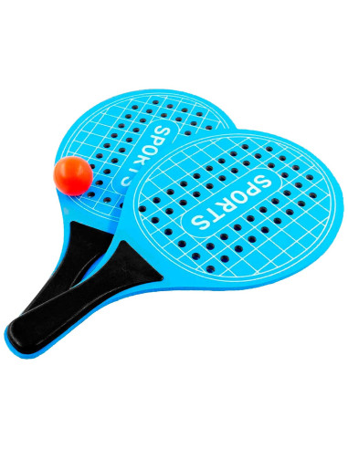 Tradineur - Palas de playa "Sport" con pelota - Fabricado en Madera - Diseño agujereado - Ideal para jugar en la playa, piscina,