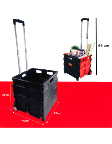 Tradineur - Carro con caja plegable y ruedas, mango telescópico, plástico y aluminio, carrito de la compra, transporte, maletero