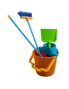 Tradineur - Kit de limpieza de juguete con 4 utensilios, plástico resistente, cubo, fregona, escoba y recogedor, barrer, fregar,